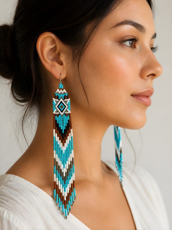 Handmade Jewelry - Long Southwestern Boho Beaded Fringe Earrings Handmade Blue Brown